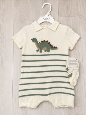 Tahari Cream & Green Dinosaur Knit Romper